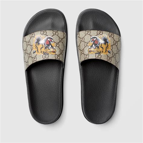 men gucci slides cheap|Men's GG slide sandal in grey and black Supreme .